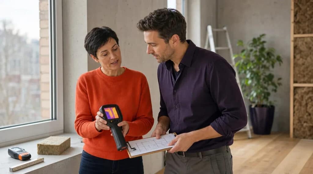 Energieberaterin im orangefarbenen Pullover erklärt einem Hauseigentümer eine Wärmebildkamera im Altbau.