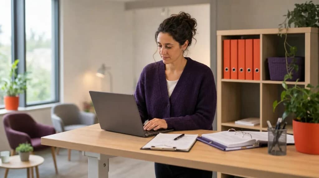 Frau im violetten Pullover arbeitet am Stehschreibtisch mit Laptop, dahinter Regal mit orangefarbenen Ordnern.