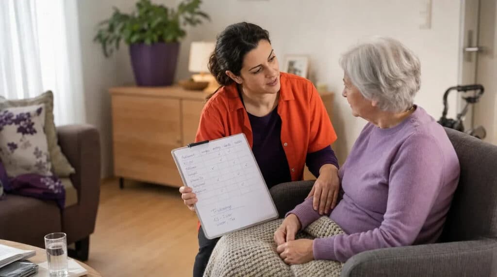 Pflegekraft im orangefarbenen Kasack erklärt einer älteren Frau im Wohnzimmer ruhig ihren Medikamentenplan.