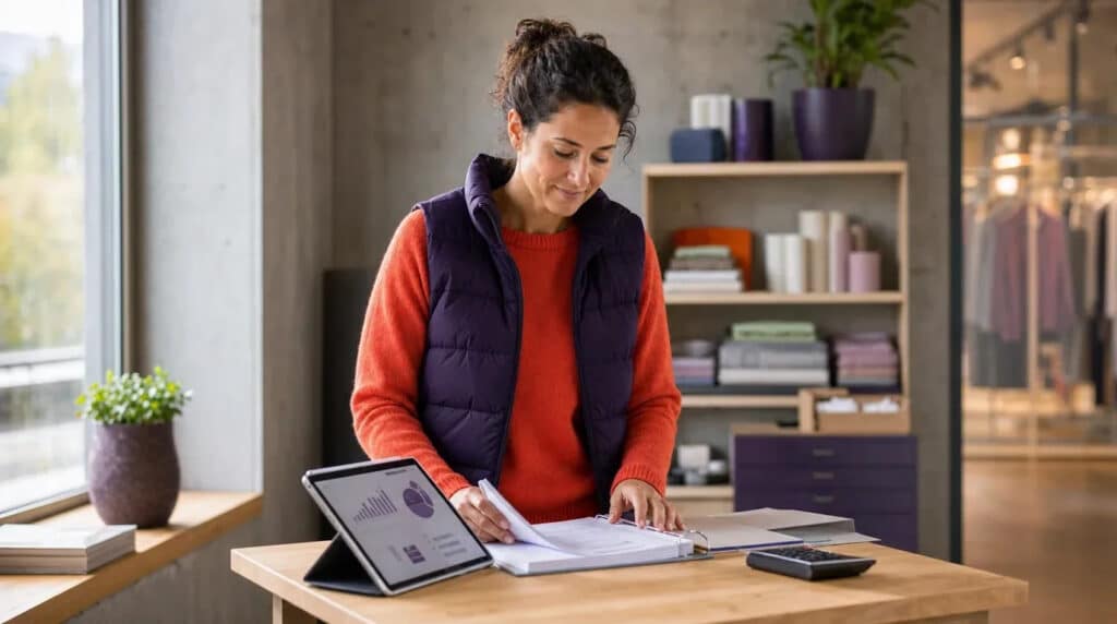 Frau im orangefarbenen Pullover arbeitet am Stehpult mit Ordner und Tablet vor Warenregal.