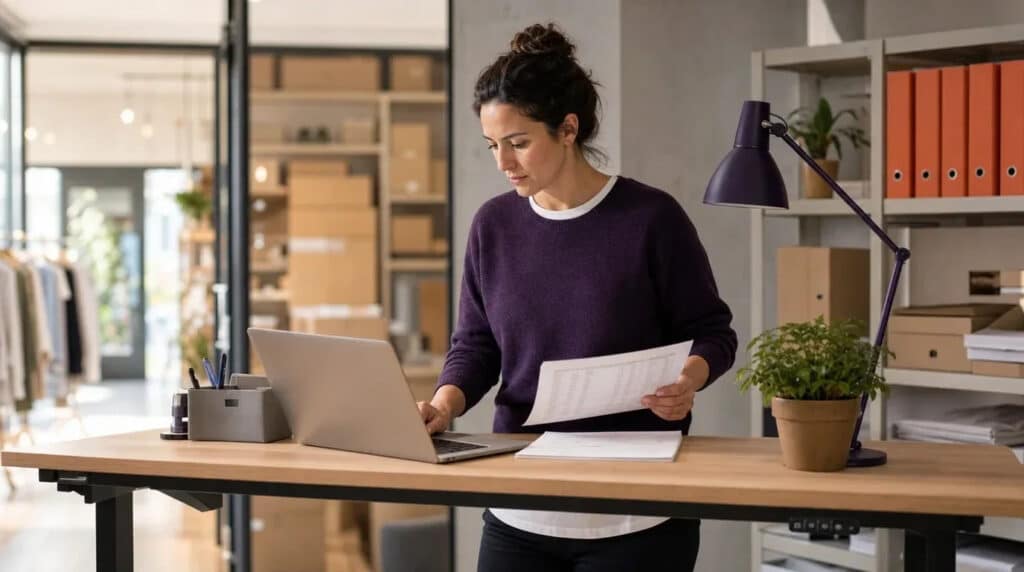 Frau am Stehschreibtisch im Backoffice eines Ladens, prüft Laptop und Liste, orange Ordner im Regal.