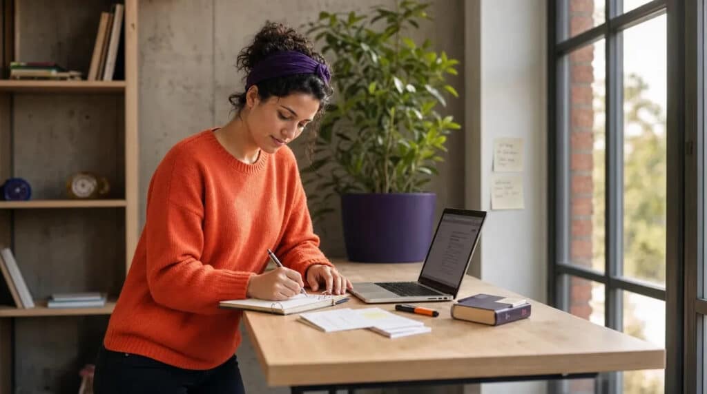 Junge Frau im orangefarbenen Pullover lernt stehend am Fenster mit Laptop, Karteikarten und Notizbuch.