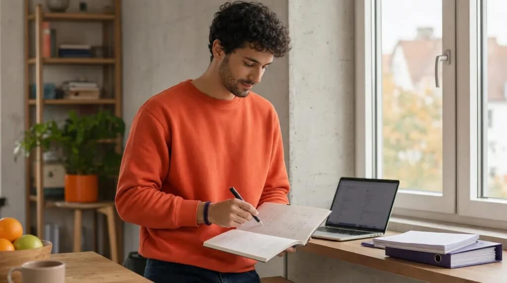 Mann im orangefarbenen Pullover lernt stehend am Fenster mit Heft, Laptop und Unterlagen.