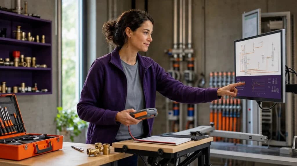 Frau in dunkler Arbeitsjacke prüft an Werkbank ein Anlagenschema am Monitor in einem hellen Technikraum.