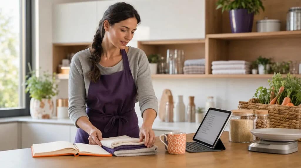 Frau in dunkler Schürze arbeitet in heller Küche mit Tablet, orangem Notizbuch und Vorratsgläsern.