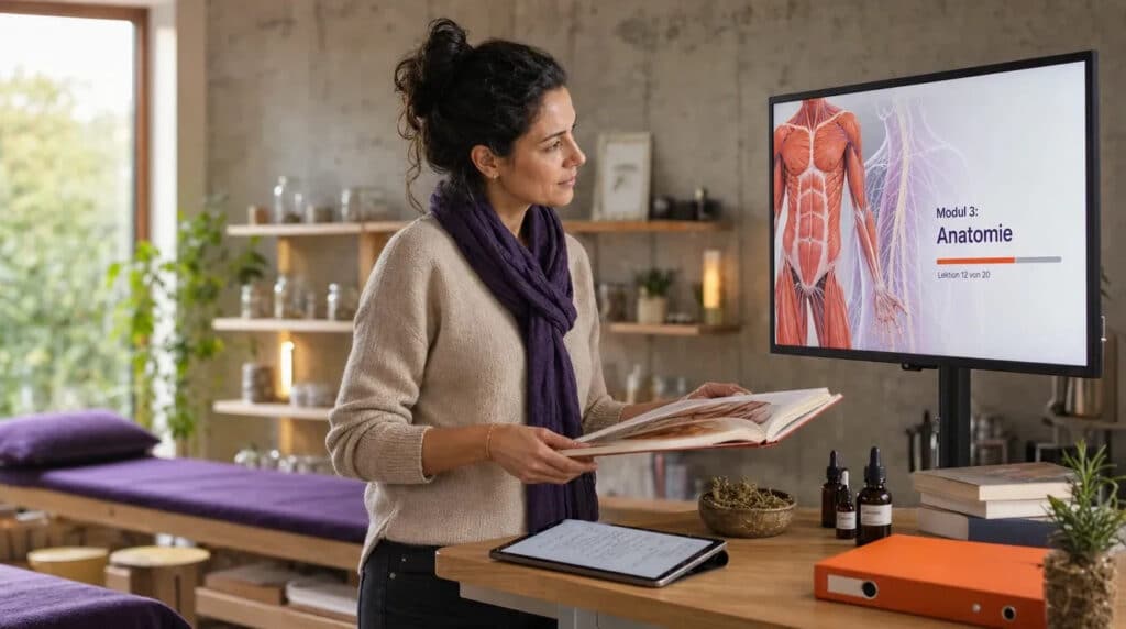 Frau steht an Stehtisch mit Anatomie-Grafik am Monitor, Kräutern und Tinkturen in heller Naturheilpraxis.
