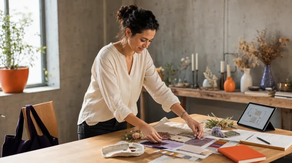Frau steht am Tisch und legt Farbkarten, Stoffmuster und Blumen zu einem Moodboard für Feiern.