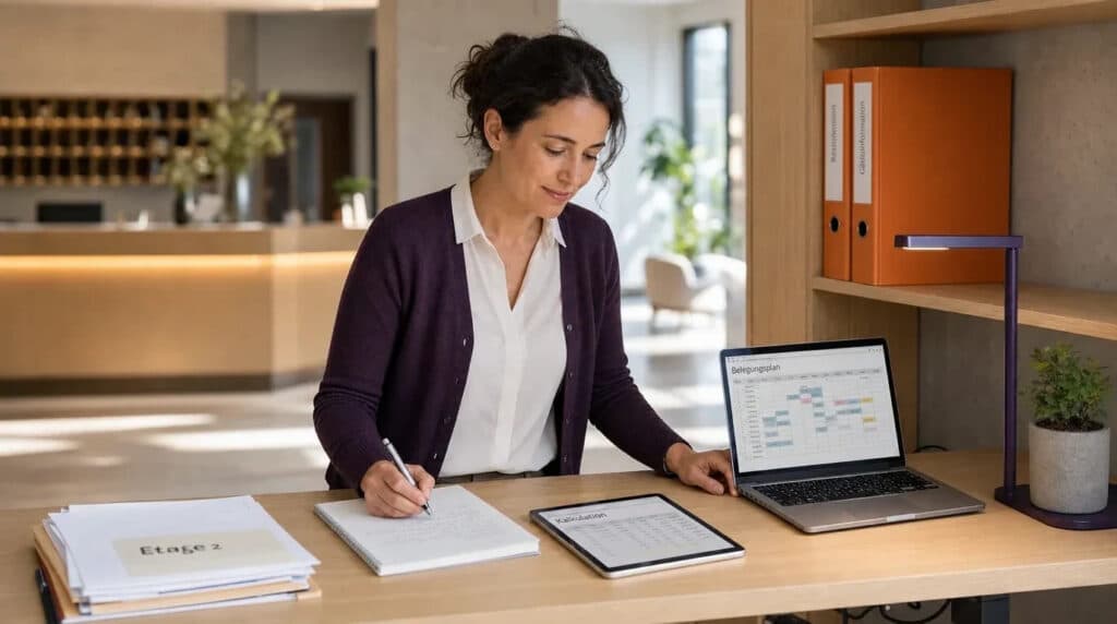 Frau steht am Stehschreibtisch im Hotel-Backoffice, arbeitet am Laptop, orange Ordner im Regal.