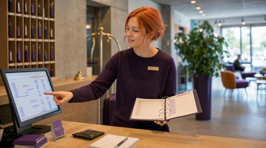 Frau mit kupferorangem Haar an einer Hotelrezeption prüft Belegungsliste und Monitor.