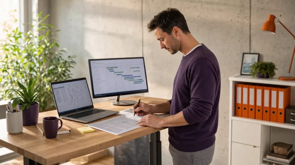 Mann im lila Pullover arbeitet am Stehschreibtisch mit Laptop, daneben Regal mit orangen Ordnern.