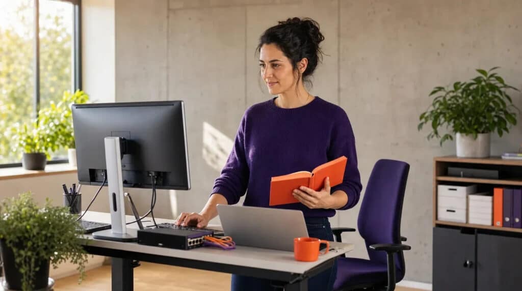 Frau am Stehschreibtisch arbeitet am Monitor, orangefarbenes Notizbuch und Tasse, helles Büro