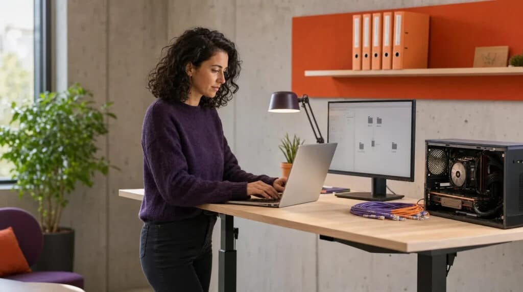 Frau im violetten Pullover arbeitet am Stehschreibtisch mit Laptop, Monitor und offenem PC-Gehäuse.