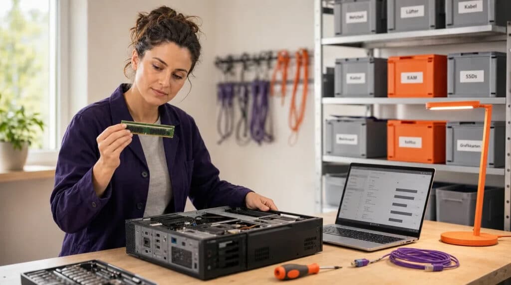 Frau prüft in heller IT-Werkstatt ein Speichermodul, daneben offener PC, Laptop und orange Sortierboxen.