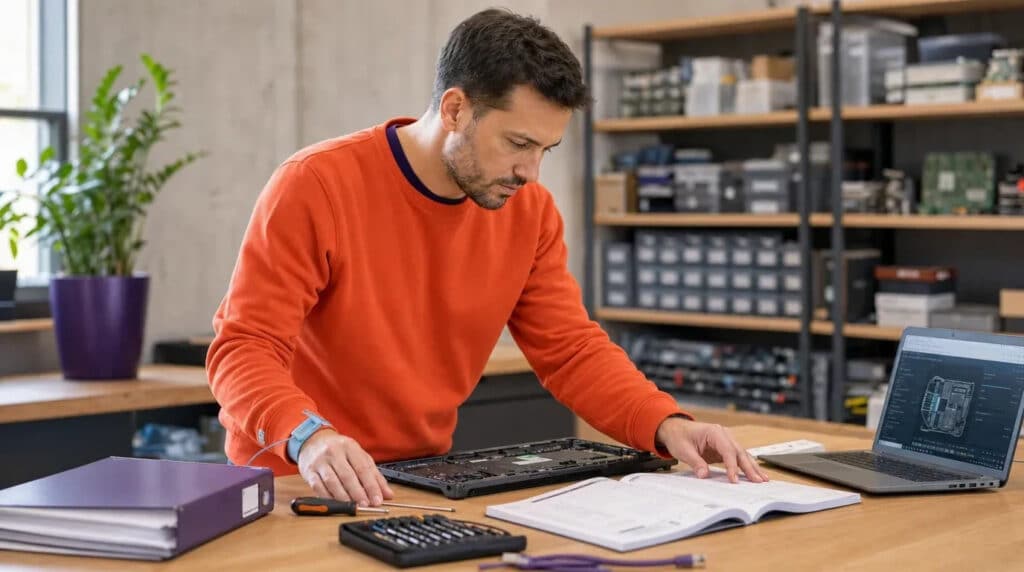 Mann im orangefarbenen Sweatshirt repariert an heller Werkbank ein geöffnetes Notebook, Laptop daneben.