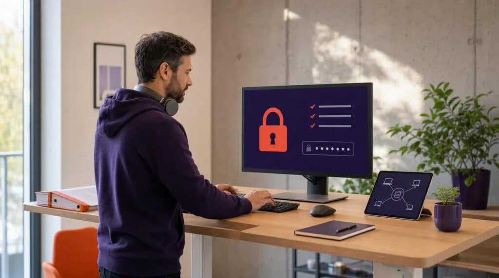 Mann im Stehen am Schreibtisch, auf dem Monitor eine orange Schloss-Grafik zum Thema IT-Sicherheit.