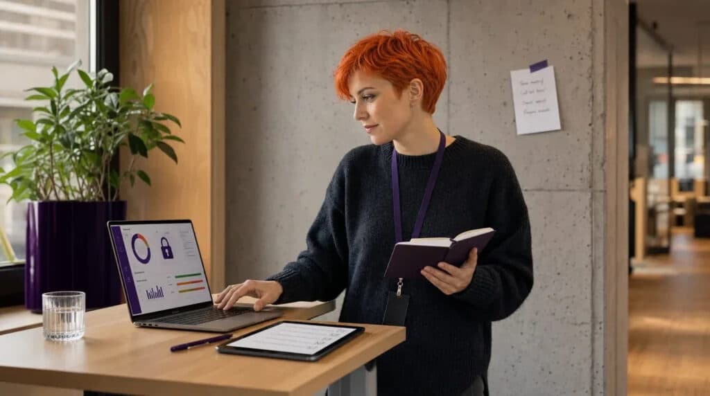 Frau mit orangem Haar arbeitet stehend am Laptop mit Sicherheits-Dashboard im hellen Büro.
