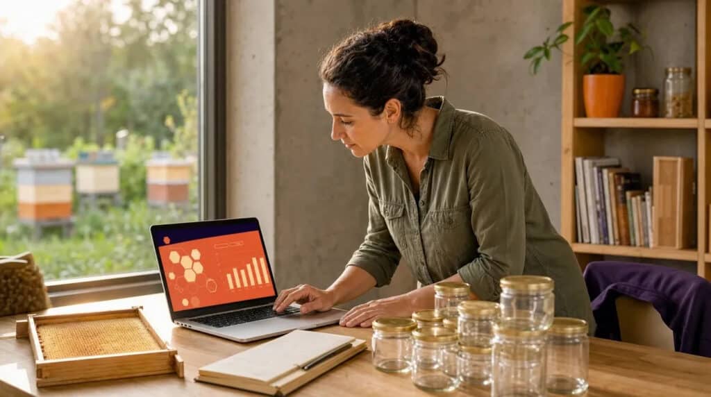 Frau steht am Holztisch mit Laptop, Wabenrahmen und Honiggläsern, Blick auf Garten mit Bienenstöcken.