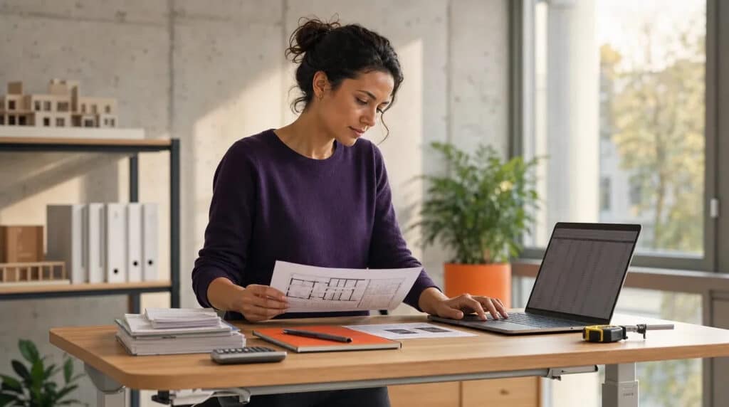 Frau im violetten Pullover prüft am Stehschreibtisch Grundriss und Laptop, oranges Notizbuch daneben.