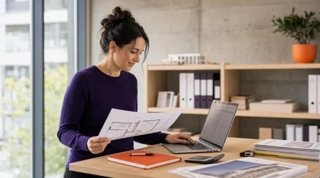 Frau im violetten Pullover prüft am Stehschreibtisch Grundriss und Laptop, oranges Notizbuch daneben.