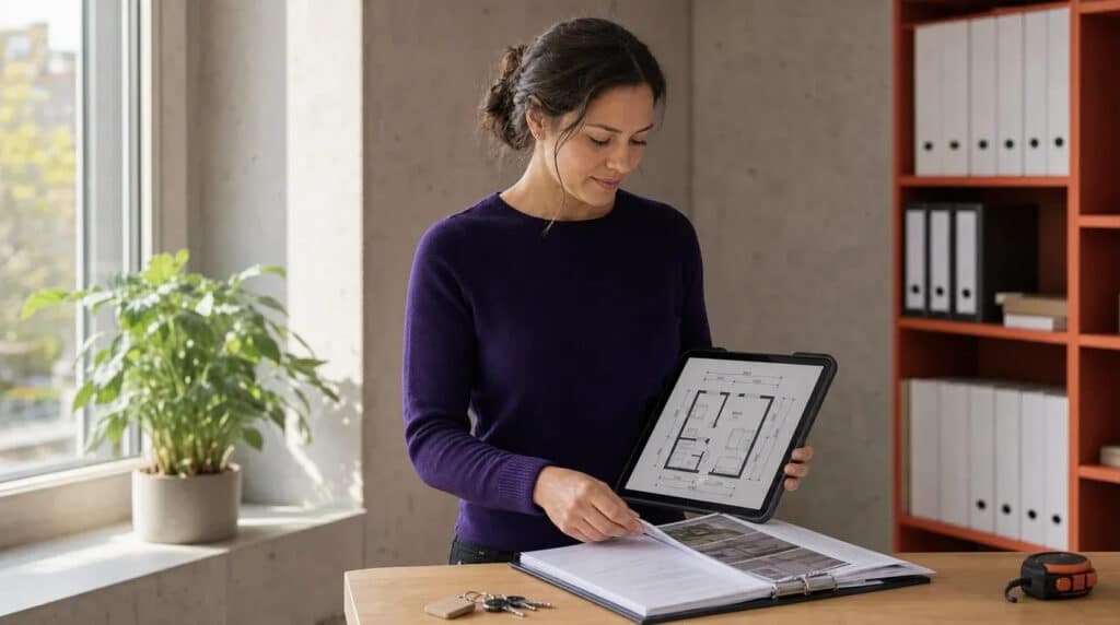 Frau steht mit Tablet und Objektmappe in hellem Maklerbüro, orangefarbenes Ordnerregal im Hintergrund.