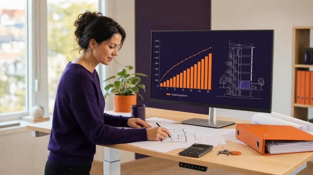 Frau am Stehschreibtisch mit Grundrissen und Monitor mit orangefarbenem Diagramm zu Mieterträgen.