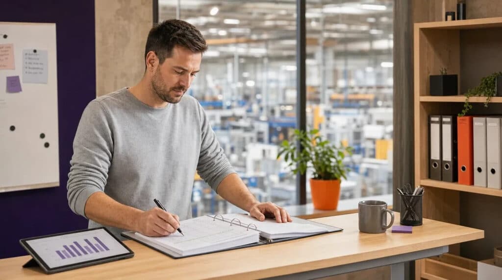 Mann am Stehschreibtisch im Werksbüro prüft Kennzahlen auf Tablet, orange Ordner, violette Wand.