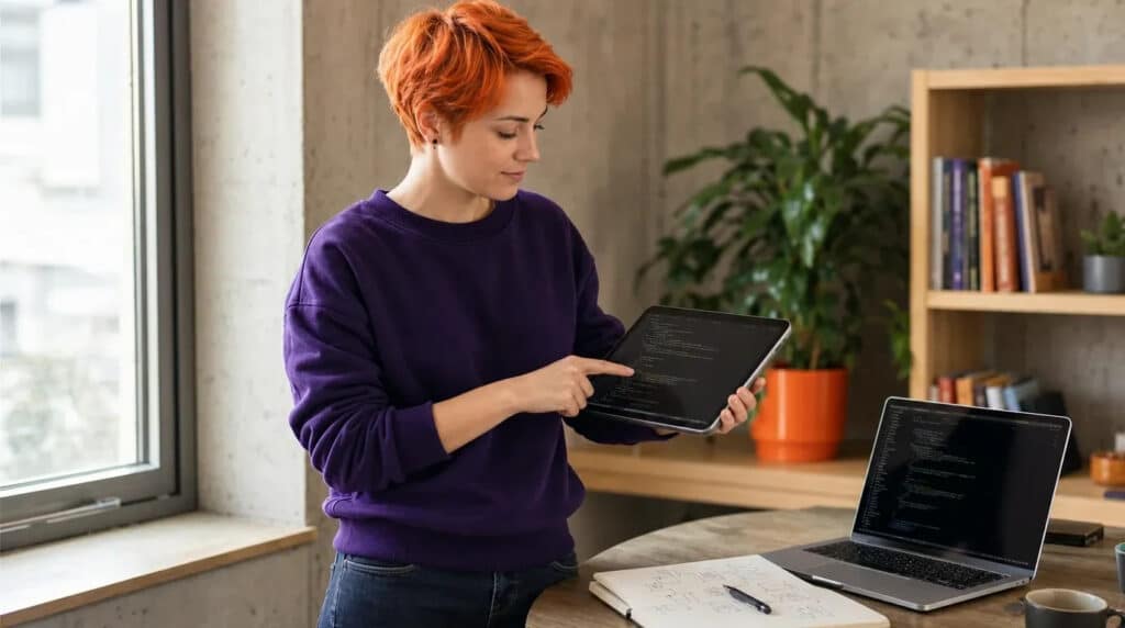 Frau mit orangem Haar steht am Tisch, hält Tablet mit Code, Laptop und Notizen daneben.