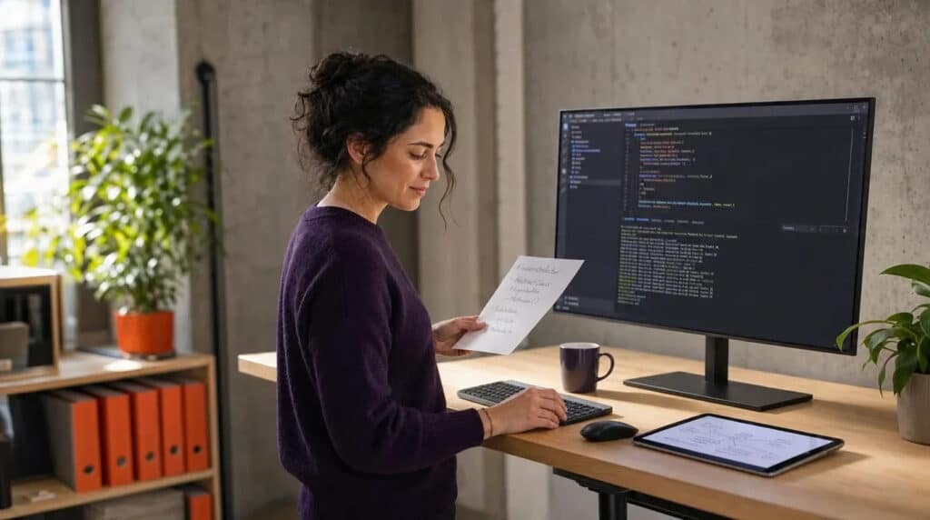 Frau im dunkelvioletten Pullover programmiert stehend am Monitor, daneben Regal mit orangefarbenen Ordnern.