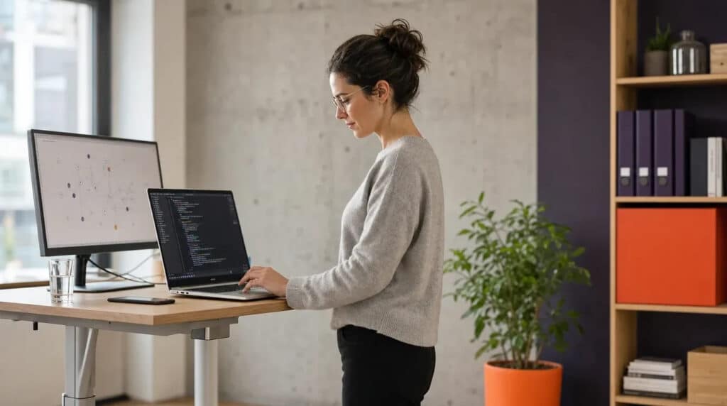 Frau arbeitet konzentriert im Stehen am Laptop mit Code, daneben Regal mit orangefarbenem Fach.