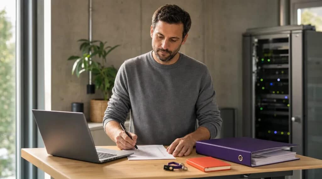 Mann am Stehschreibtisch prüft am Laptop Sicherheitsrichtlinien, oranges Notizbuch und violetter Ordner daneben.