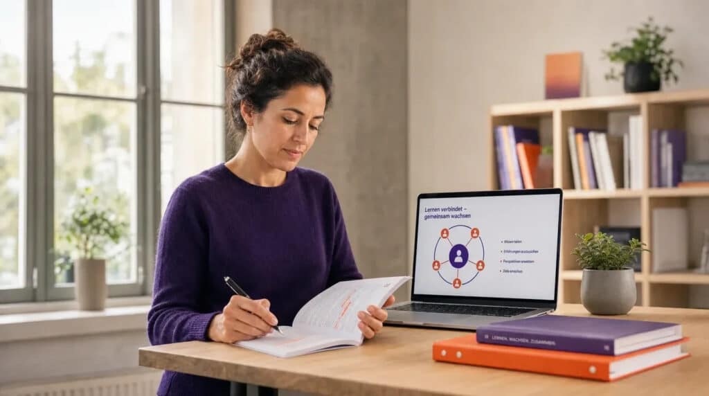 Frau im violetten Pullover lernt am Stehtisch, auf dem Laptop eine orange-violette Grafik.
