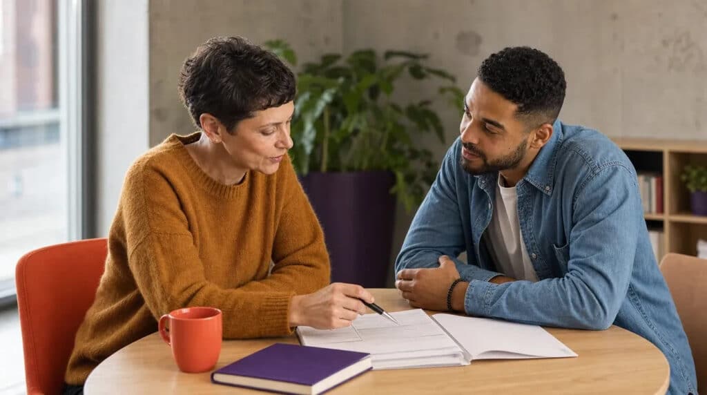 Beraterin erklärt einem jungen Mann am Tisch Unterlagen, orange Tasse und violettes Notizbuch daneben.