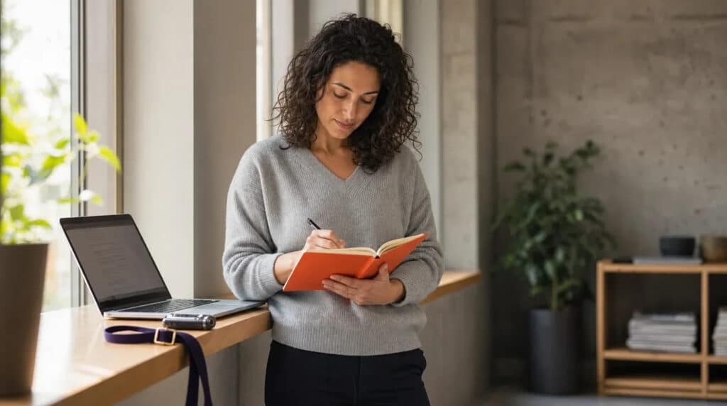 Frau steht am Fenster, notiert in orangefarbenem Notizbuch, daneben Laptop und Diktiergerät.