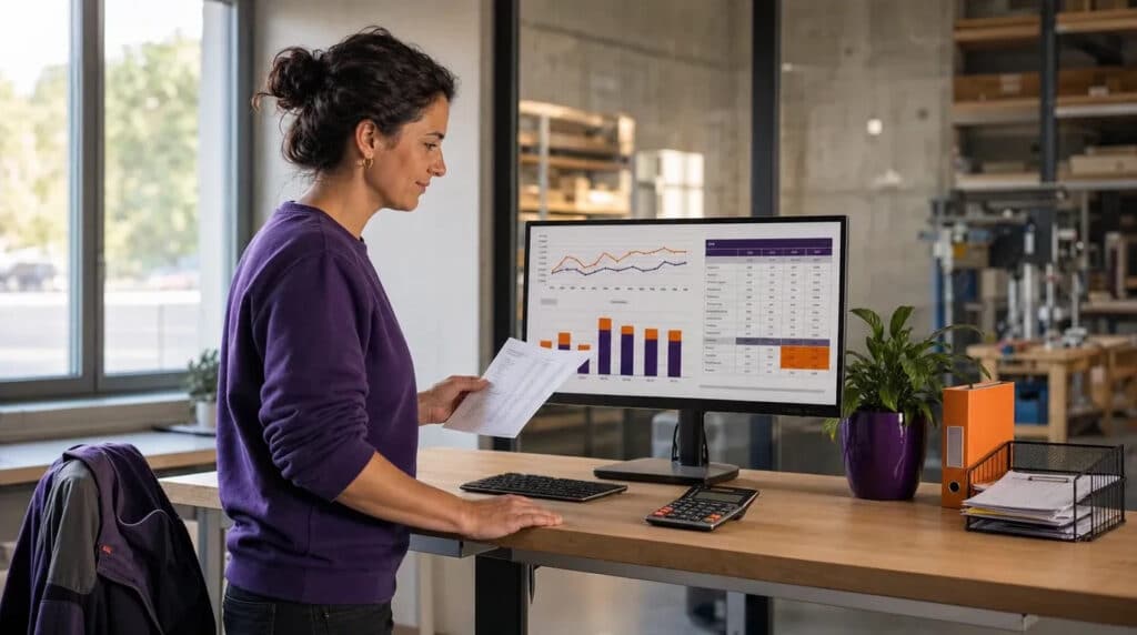 Frau am Stehschreibtisch im Handwerksbüro prüft Kalkulationsliste, Monitor zeigt orange-violette Kostengrafik.