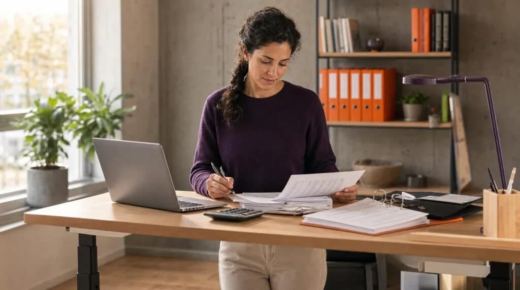 Frau im violetten Pullover rechnet am Stehschreibtisch mit Laptop und Belegen, orange Ordner im Regal.
