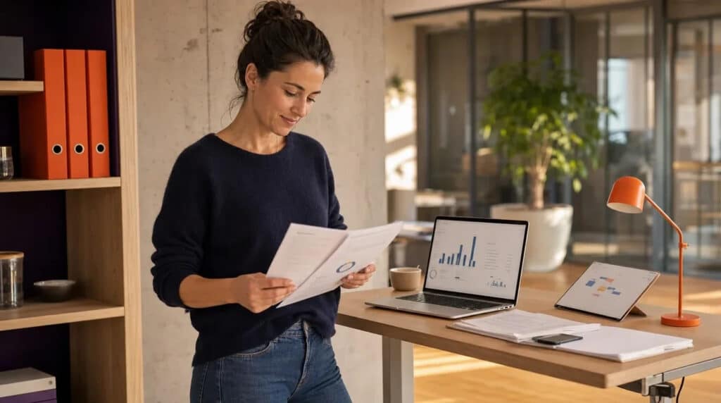 Frau am Stehschreibtisch prüft Unterlagen, Laptop mit Diagramm, Regal mit orangefarbenen Ordnern.