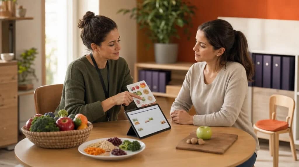Ernährungsberaterin erklärt einer jungen Mutter am Tisch mit Obst, Gemüse und Tablet gesunde Kinderkost.