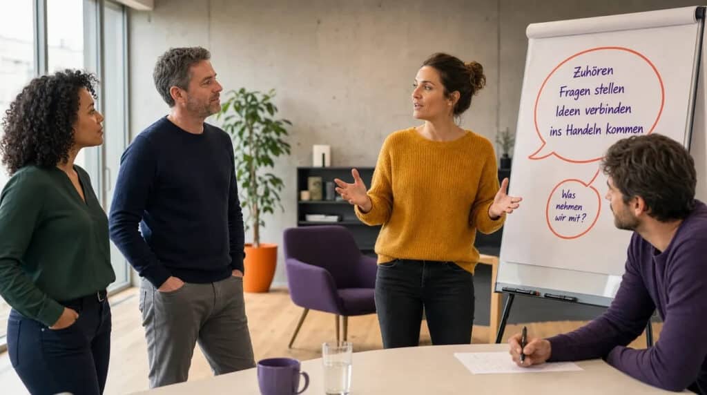 Vier Menschen üben stehend am Flipchart mit orangefarbener Sprechblasen-Skizze in hellem Trainingsraum.