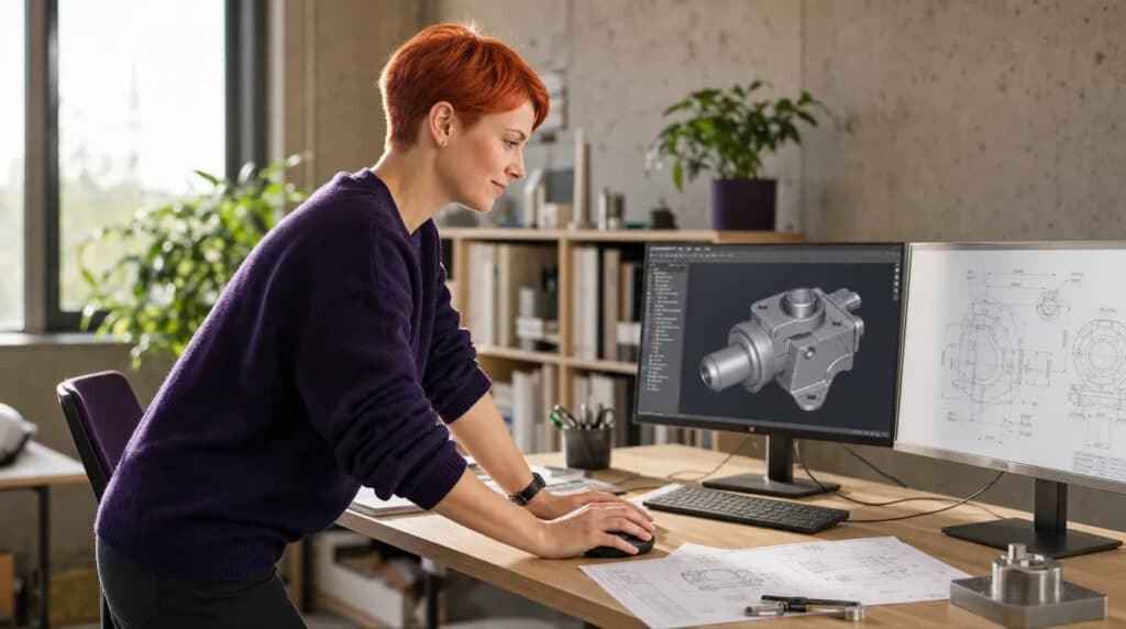 Frau mit orangeroten Haaren arbeitet am Stehtisch an einem 3D-CAD-Modell auf zwei Monitoren.