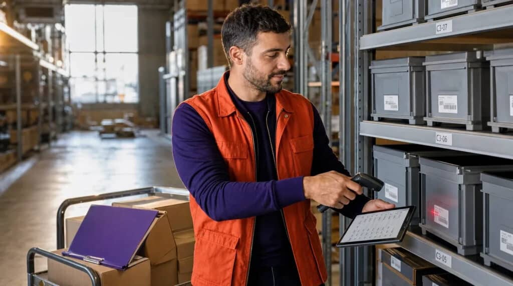 Mann in orangefarbener Weste scannt mit Tablet eine Box am Regal in einer hellen Lagerhalle.