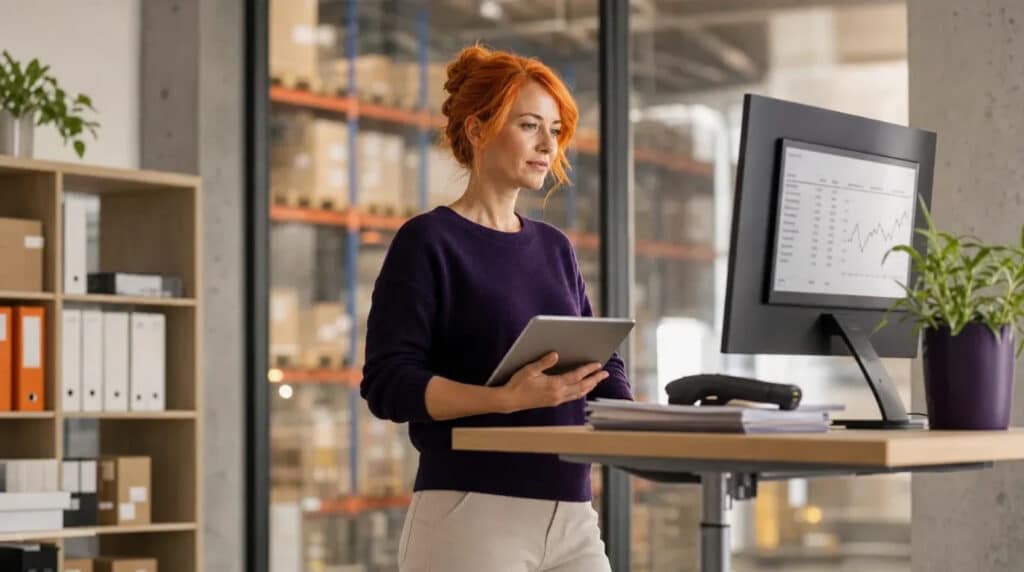Frau mit orangen Haaren am Stehschreibtisch mit Tablet, im Hintergrund ein helles Lager mit Regalen.