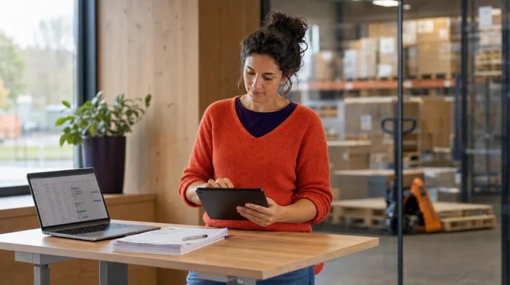 Frau im orangefarbenen Pullover prüft am Stehtisch ein Tablet, im Hintergrund eine Lagerhalle.