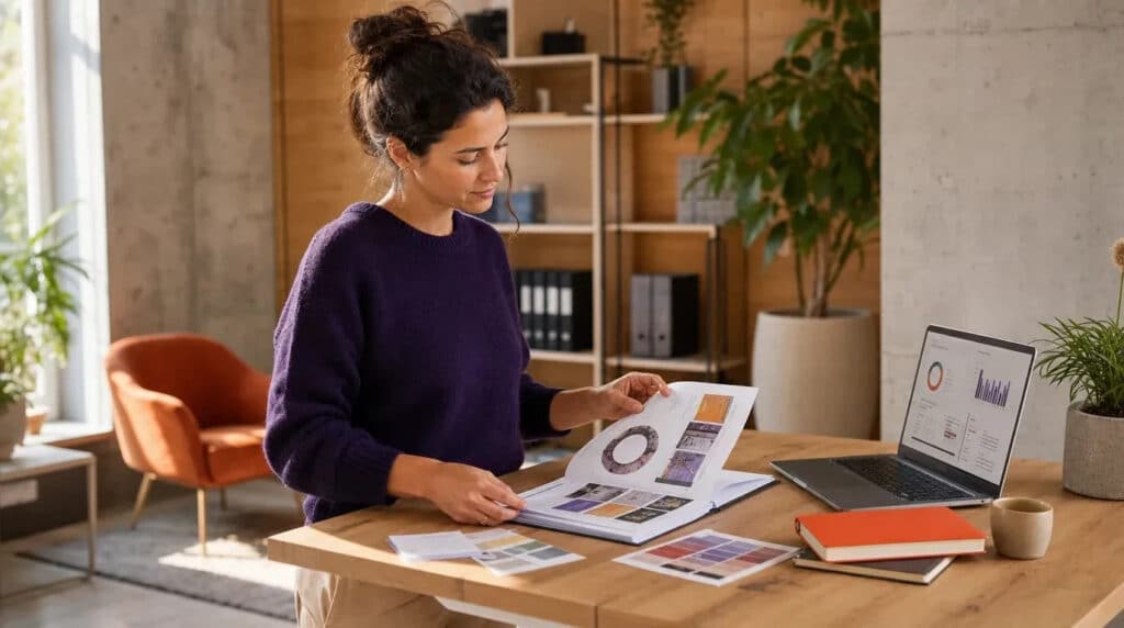 Frau im violetten Pullover arbeitet am Stehschreibtisch mit Laptop, Kampagnenmappe und orangefarbenem Notizbuch.
