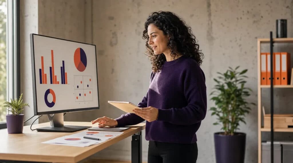 Frau am Stehschreibtisch betrachtet Marketing-Diagramme in Orange und Violett auf einem Monitor.
