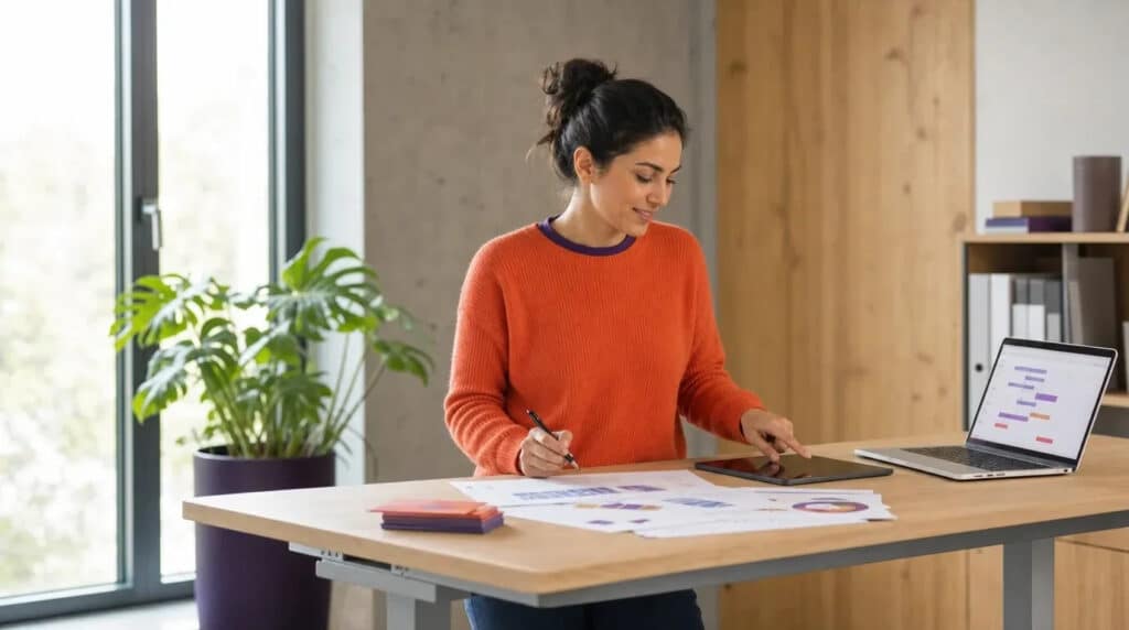 Frau im orangefarbenen Pullover arbeitet am Stehschreibtisch mit Tablet, Laptop und Diagrammen.