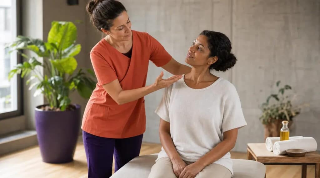 Massage-Fachpraktikerin in orangefarbenem Kasack erklärt einer sitzenden Klientin eine Nackenübung im Praxisraum.