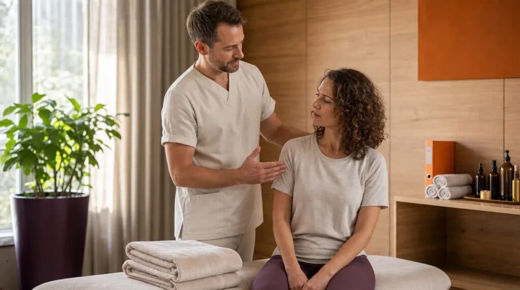 Masseur erklärt einer sitzenden Kundin neben einer Massageliege in hellem Wellnessraum eine Verspannung.