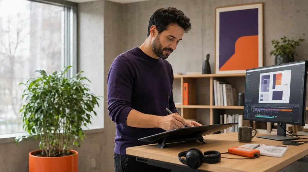 Mann im violetten Pullover arbeitet stehend am Grafiktablett, Monitor mit Layouts, orangefarbene Akzente.