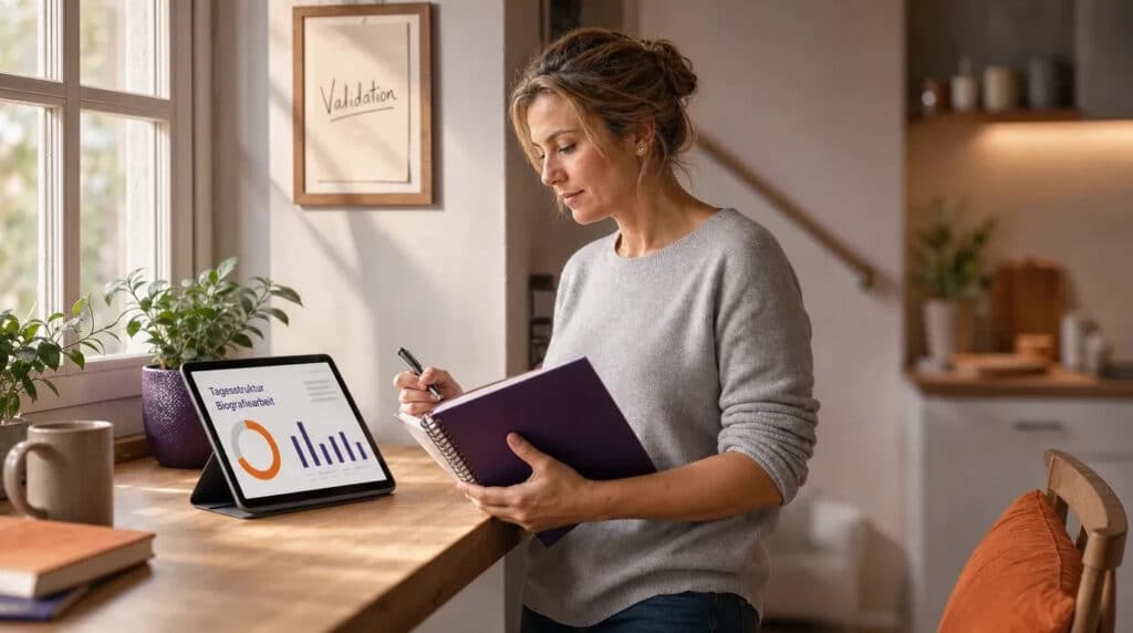Pflegefachkraft steht am Fenster, lernt mit Tablet und Notizbuch, orange-violette Grafik auf dem Bildschirm.