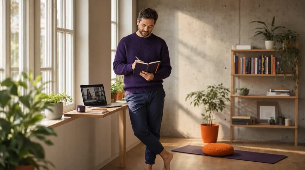 Mann steht mit violettem Notizbuch am Fenster, Laptop und orangefarbenes Sitzkissen daneben.